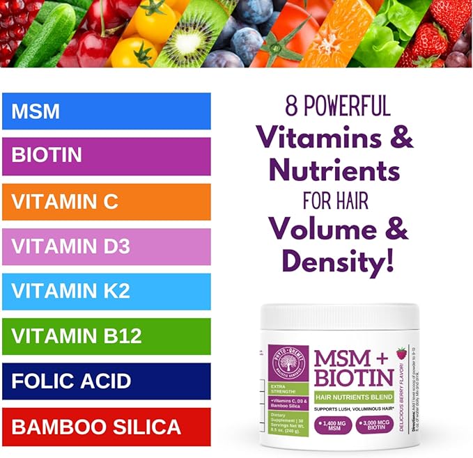 Qhemet Biologics MSM + Biotin Hair Nutrient Blend - Hair Vitamins Powder to Support Lush Volume - Bamboo Silica & Vitamins D3 + B12 for Hair Health - Jumpstart Your Rapid Hair Growth Journey (8.5 oz)