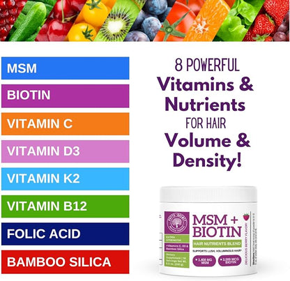Qhemet Biologics MSM + Biotin Hair Nutrient Blend - Hair Vitamins Powder to Support Lush Volume - Bamboo Silica & Vitamins D3 + B12 for Hair Health - Jumpstart Your Rapid Hair Growth Journey (8.5 oz)