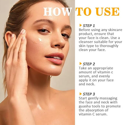 Skin Care Vitamin C Face Serum 1.05oz and Gua sha Facial Tool for Face with Hyaluronic Acid,Hydrolyzed Collagen and Aloe Leaf Extract, Anti-Aging Serum for Wrinkles & Dark Spot