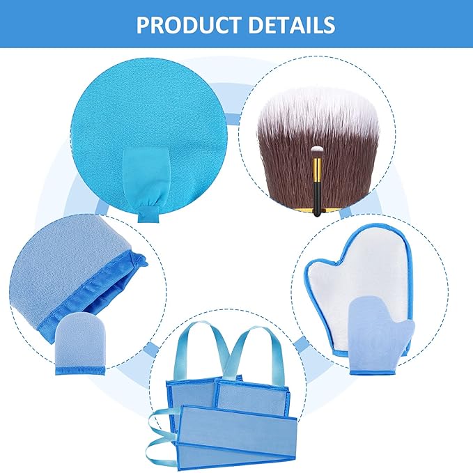 5 Pieces Self Tanning Mitt Applicator Kit, Includes Exfoliating Glove, Tanning Mitt, Mini Face Mitt, Back Lotion Applicator with Self Tanner Brush Large Flat Top Makeup Brush (Blue)