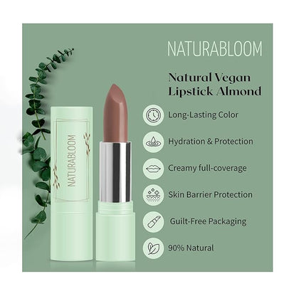 Vegan Lipstick (Almond) - Sensational One-Stroke Long Lasting Lipstick from Natural Oils & Butters - Full-Coverage Lip Color with Shea Butter & Coconut Extact - Premium Hydrating Lipsticks