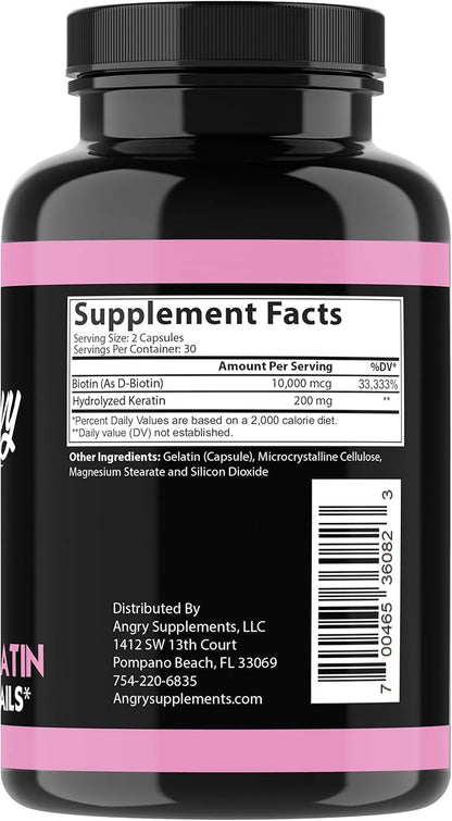 Angry Supplements Hair Envy 10,000 mcg Biotin + Keratin Capsules, Grow Hydrate Hair, Strengthen Thicken Nails, Clear Skin – Natural Remedy for Damaged Thinning Hair, (1-Bottle, 60ct)