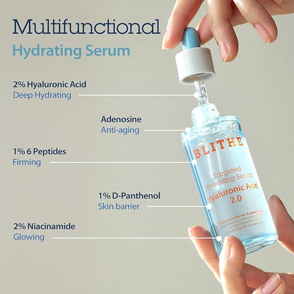 BLITHE Targeted Hydrating Serum – Korean Hyaluronic Acid for Face with Peptides & Panthenol, Deep Hydration – Pure Hyaluronic Acid 2% – 1.7 fl oz