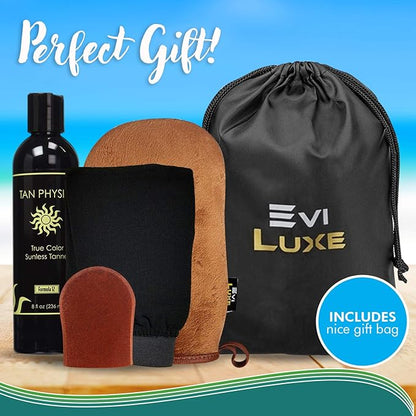 Tan Physics & EviLuxe Deluxe Tanning Mitt Bundle (5pcs) – Face & Body Tanner Mitts, Exfoliation Glove, Storage Bag & 8oz True Color Sunless Tanning Lotion – For Flawless Sun Kissed Skin All Year Long