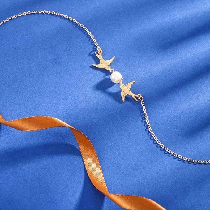 Vintage Pearl Necklace Long Birds Necklace Chain Pendant