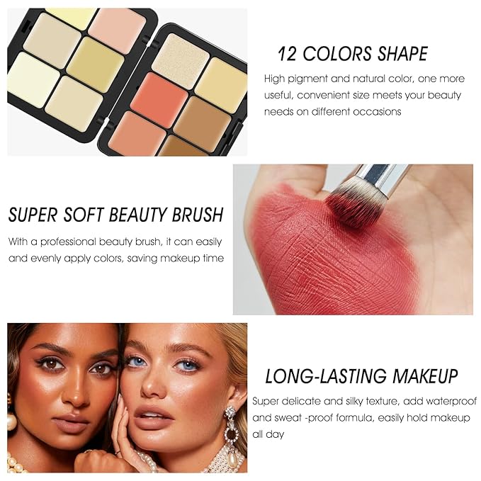 12 Colors Cream [Blush+Contour+Concealer+Highlighter] Makeup Palette for Cheeks