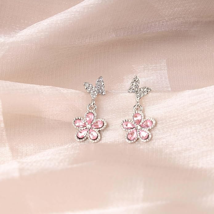 Vintage Pink Crystal Flower Earrings Butterfly