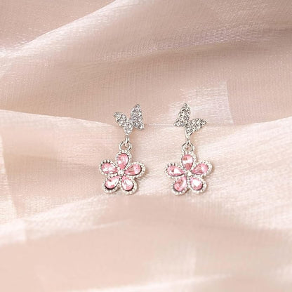 Vintage Pink Crystal Flower Earrings Butterfly