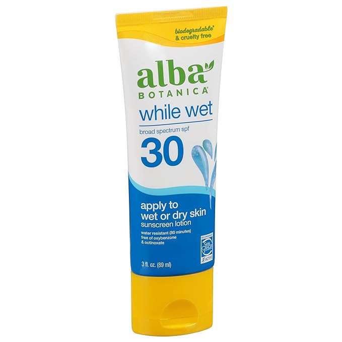 Alba Botanica Sunscreen for Face and Body, While Wet Sunscreen Lotion, Broad Spectrum SPF 30, Water Resistant Sunscreen for Wet and Dry Skin, 3 fl. oz. Bottle