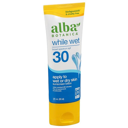 Alba Botanica Sunscreen for Face and Body, While Wet Sunscreen Lotion, Broad Spectrum SPF 30, Water Resistant Sunscreen for Wet and Dry Skin, 3 fl. oz. Bottle