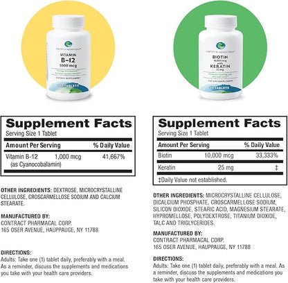 Earth's Splendor Energy & Hair Support: Vitamin B12 (200 Tablets) + Biotin 10,000 mcg & Keratin 25mg (60-Day Supply) - Boosts Energy, Hair, Nails & Skin - No Artificial Colors, Gluten Free