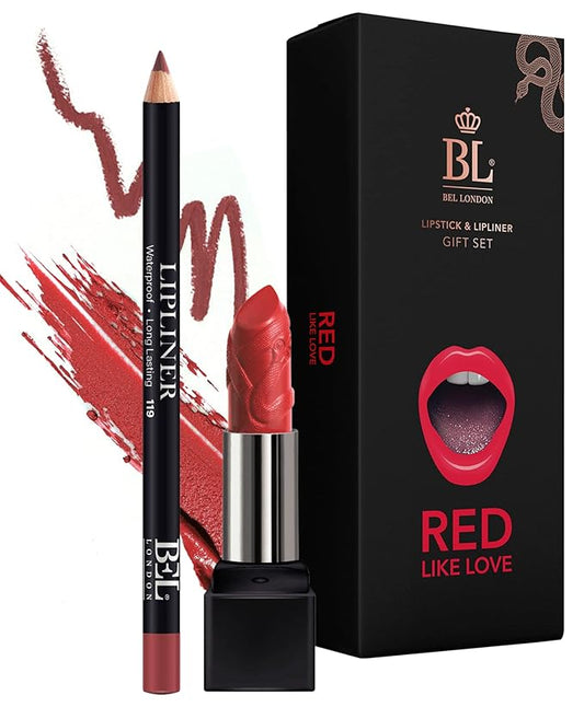 BL Color Matched Lip Liner & Lipstick Set (Red) - Full-Coverage Argan Long Lasting Lipstick and Lip Liner Set With Natural Oils for Nourishment, Hydration, & Protection - Chemical-Free