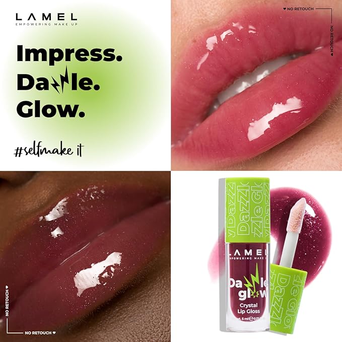 Lamel Dazzle Glow Crystal Clear Lip Gloss - Hydrating Lip Gloss - Non Sticky Lip Gloss - Colored Lip Gloss - Lip Gloss Color - Mini Lip Gloss - Moisturizing Lip Gloss - №407 Provocative