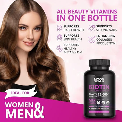 Premium Biotin 5,000 mcg Beauty Complex with Collagen, Keratin, Hyaluronic Acid, Vitamin A, D3, B-Complex, Calcuim & Coconut Oil. Hair Growth, Nails, Skin. For Men & Women. 60 Softgels
