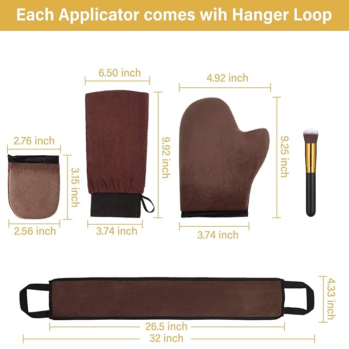 5 Pieces Self Tanning Mitt Applicator Kit, Includes Exfoliating Glove, Tanning Mitt, Mini Face Mitt, Back Lotion Applicator with Self Tanner Brush Large Flat Top Makeup Brush (Brown)