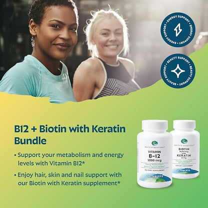 Earth's Splendor Energy & Hair Support: Vitamin B12 (200 Tablets) + Biotin 10,000 mcg & Keratin 25mg (60-Day Supply) - Boosts Energy, Hair, Nails & Skin - No Artificial Colors, Gluten Free