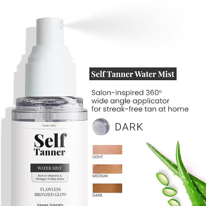 Team Tan Self Tanning Water - Vitamin Infused Self Tanner Mist for Hydrating Face and Body, Sunless Tanning Spray for Fake Tan, No Streaks, Orange Tints or Nasty Smell (Dark)