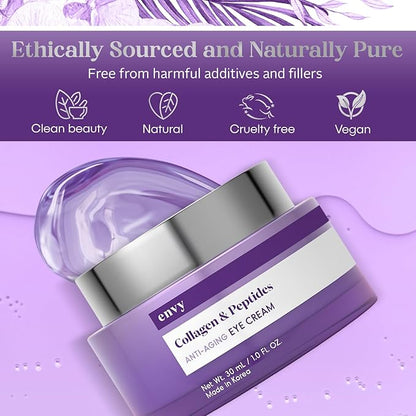 Envy Collagen & Peptides Eye Cream - Reduces Dark Circles, Puffiness & Wrinkles, Moisturizing, Anti-Aging, Rejuvenates, Dermatologist Tested, Cruelty-Free Korean Skin Care for All Skin Types - 1.01 Oz