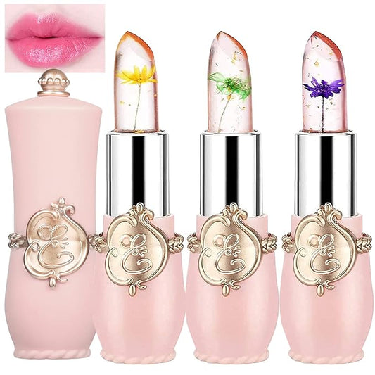 Pack of 3 Crystal Flower Lipstick Color Changing Lipstick Magic Lipstick Jelly Clear Lipstick,Long Lasting Nutritious Moisturizer Temperature Lip Stain Lip Gloss