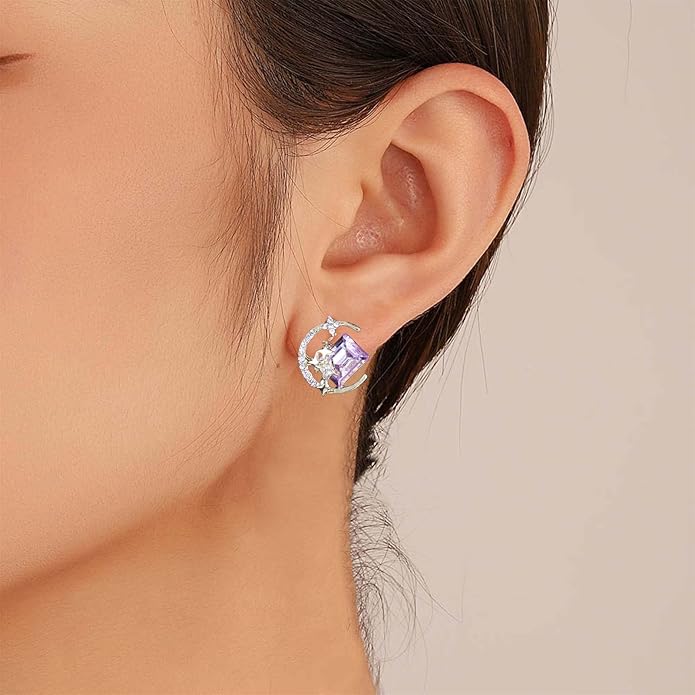 Vintage Purple Crystal Moon Earrings Amethyst