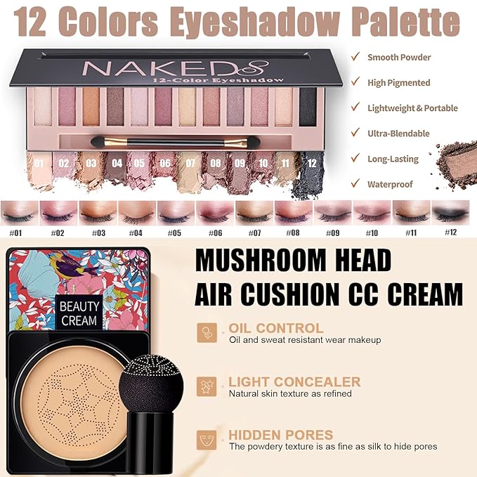 All in One Makeup Kit,Includes Naked Eyeshadow,Liquid Foundation,CC