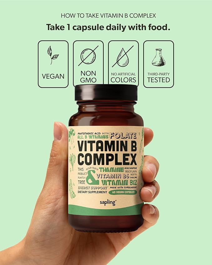 Vegan Vitamin B Complex - Whole Food Blend with Essential B Vitamins B1, B2, B3, B5, B6, B7, Folate, B12-60 Caps