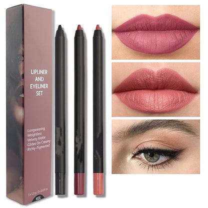 MAEPEOR Matte Lipliner and Eyeliner Kit 3 PCS Smoothly Creamy Lipliner and Eyeliner Pen Set for Daily Wear (3PCS Kit 1)