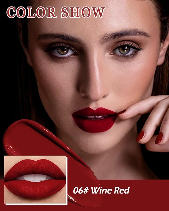 Matte Liquid Lipstick for Women, Highly Pigmented Lip Tint Stain, Super Velvet Matte Dark Red Lip Gloss, Up to 16H Wear, Long Lasting Waterproof Non-Stick Cup Lip Color Stay,Christmas Makeup Gift-06#