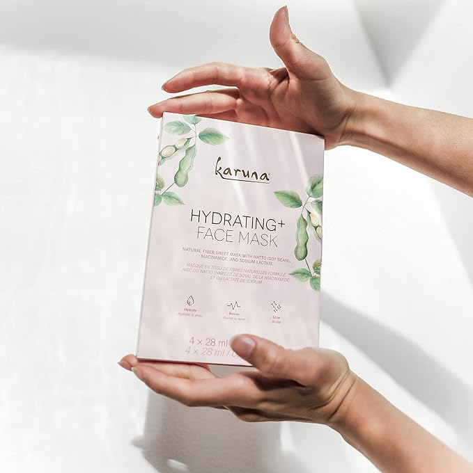 Karuna Skin - Hydrating+ Sheet Masks for Well-Moisturized & Hydrated Skin, Glow-Enhancing Face Masks Skin Care Products, Hydrating Facial Masks with Natto, Niacinamide & Sodium Lactate, 4 Sheets