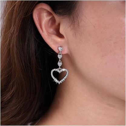 Vintage Rhinestone Heart Dangle Earrings Long