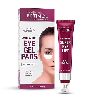 Retinol Anti-Aging Eye Gel Pads – Soothing Vitamin A Reduces Puffiness & Refreshes the Under Eye Area + Retinol Super Eye Lift - A luxurious 3-in-1 treatment fights the look of dark circles, wrinkles