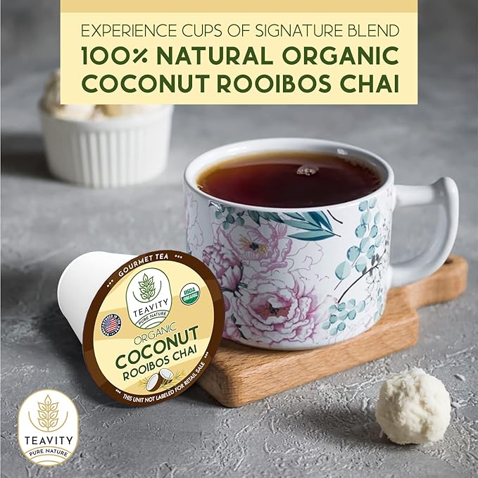 Coconut Rooibos Chai Tea Pods for Keurig - Organic Ginger Tea, Rooibos, Cinnamon, Cardamom, Coconut & Chai by Teavity (12 Tea Pods)