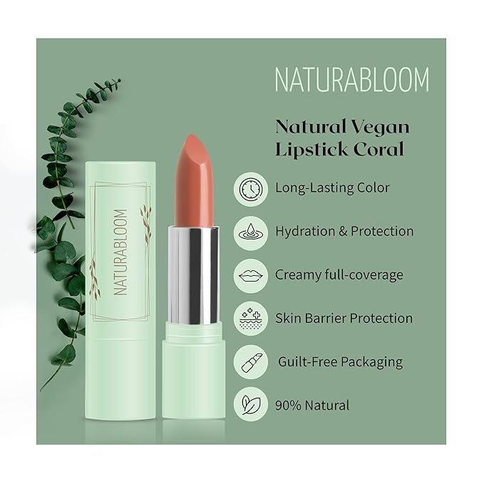 Vegan Lipstick (Coral) - Sensational One-Stroke Long Lasting Lipstick from Natural Oils & Butters Full-Coverage Lip Color with Shea Butter & Coconut Extact - Premium Hydrating Lipsticks