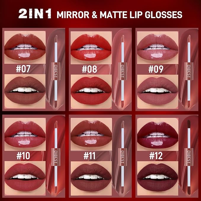 Matte Liquid Lipstick Set, 6 Colors 2-In-1 Mirror Glosses