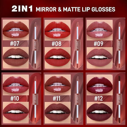 Matte Liquid Lipstick Set, 6 Colors 2-In-1 Mirror Glosses