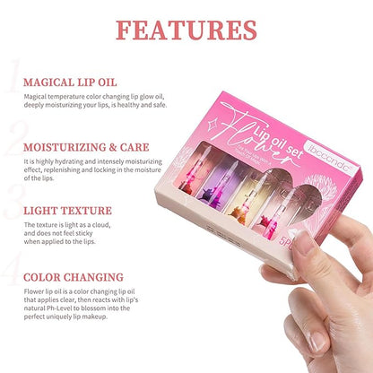 Color Change Plumping Lip Oil Set, Infuse Flowers Clear Lip Gloss for Lip Care, Natural Plant Hydrating Lip Glow Oil Toot Lip Oil, Nourishing, Non-sticky