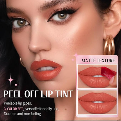 3 Colors Peel Off Lip Stain Set, Tattoo Magic Color Matte Nude Lip Gloss Lip Tint, Long Lasting Waterproof Liquid Lipstick Tinted Makeup, Nonstick Cup Lip Stain for Women Girls(02+03+06)