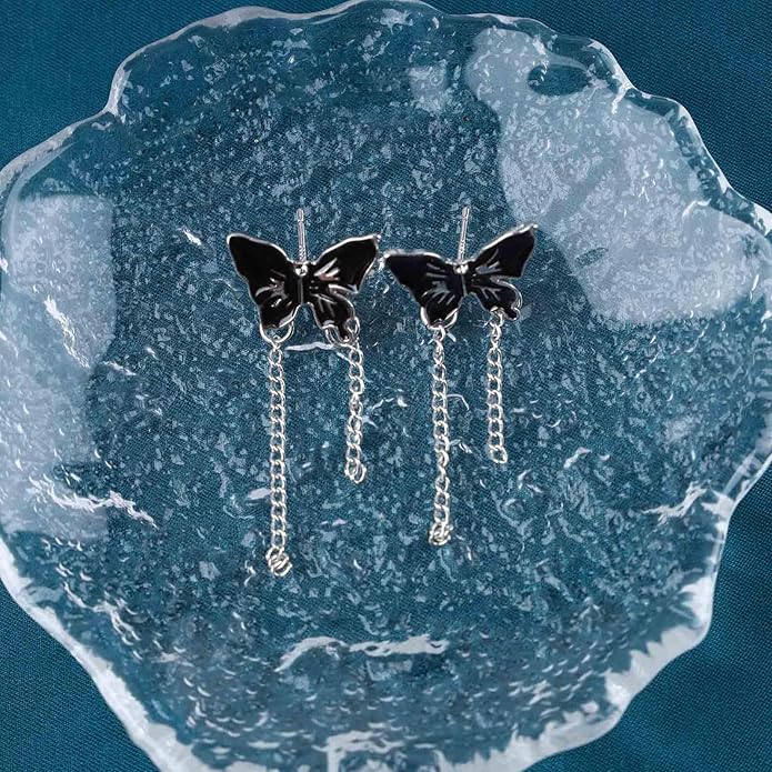 Vintage Butterfly Stud Earrings Silver Chain