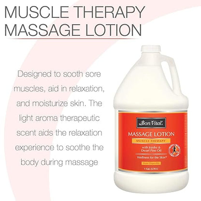 Bon Vital' Muscle Therapy Massage Lotion with Dwarf Pine Oil and Essential Oils for a Massage, Aids in Muscle Recovery Through IASTM and Graston, 1 Gal, Label may Vary