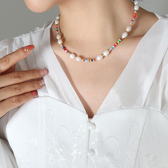 Boho Pearl Choker Necklace Vintage Blue