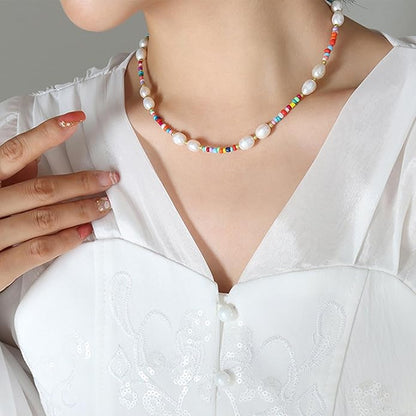 Boho Pearl Choker Necklace Vintage Blue