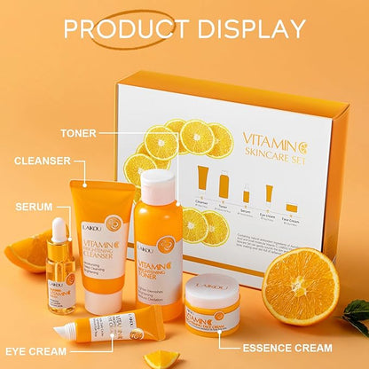 Vitamin C Skincare Set for Teenage Girls, 5-In-1 Skin Cleaning & Care Travel Size Kit With Cleanser, Toner, Face Serum, Eye Cream, Face Cream