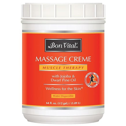 Bon Vital' Muscle Therapy Massage Creme, Professional Massage Cream with Dwarf Pine Oil & Essential Oils for Relaxation & Soreness Relief, Deep Tissue & Sports Massage Techniques, 1/2 Gallon Jar
