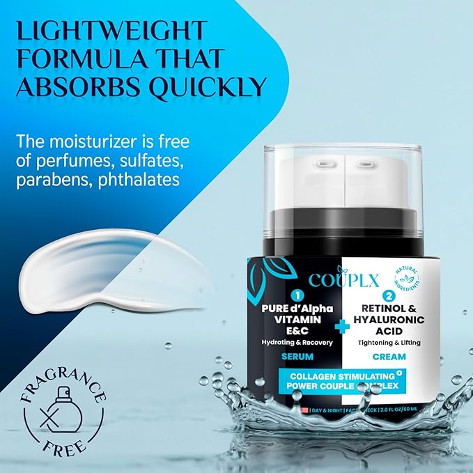 2-in-1 Collagen Booster, Retinol & Hyaluronic Acid Cream & Serum, Anti-Aging, Lifting Skin-Tightening Moisturizer for Men & Women, Neck and Décolleté, Made in USA Daily Moisturizer Face Cream, 2.0 oz