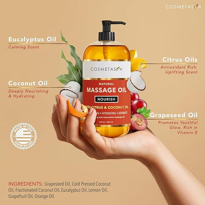 Natural Nourishing Massage Oil with Massage Roller Ball - Therapeutic Citrus & Coconut Massage Oils with Rejuvenating, Hydrating & Aromatic Essential Oils for Dry Skin, Soothes Muscle & Joints 8.8 oz