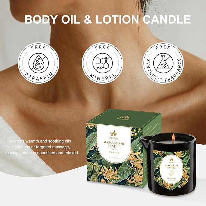 MELONY Massage Oil Candles, Essential Oil+Soy Based, 8.1OZ/230g, Home Spa with Luxurious Body Oil & Lotion Candle, Intensive Skin Treatment Candle, Low Temp Body Safe Wax (Ylang - Ylang)