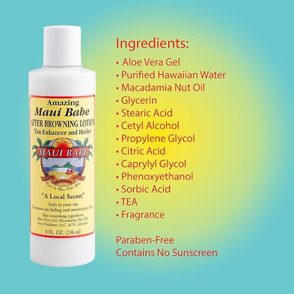 Maui Babe Browning Lotion 8oz & Maui Babe After Browning Lotion 8oz (9 Pc Deluxe Maui Babe Package) Outdoor Tanner & After Sun Enhancer Lotion Kit with Tanning Mitts, Travel Bottle, Draw String Bag &