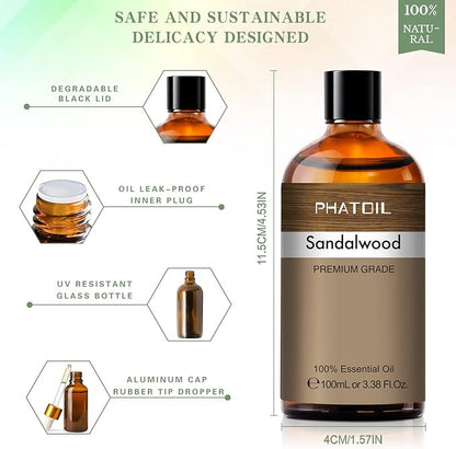 100ML Sandalwood Essential Oil, Pure Aromatherapy Essential Oils for Diffuser, Humidifier, Relax, Scented Oils for Soap, Candle Making, Huge 3.38fl.oz Bottle
