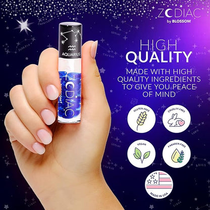 Blossom Zodiac Sign Vanilla Scented Moisturizing Roll-On Lip Gloss with Crystals, Made in USA, 0.20 fl. oz./5.9ml, Aquarius