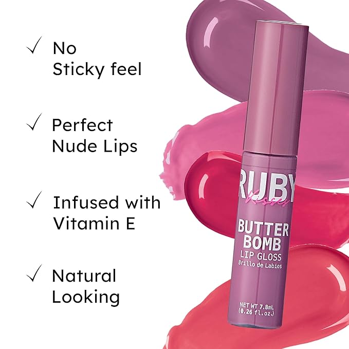 Ruby Kisses Lip Gloss Butter Bomb Gloss Non-Sticky Lip Gloss Vitamin E Natural Nude Lip Makeup - 7.8mL (0.26 US fl.oz) (Wifey)